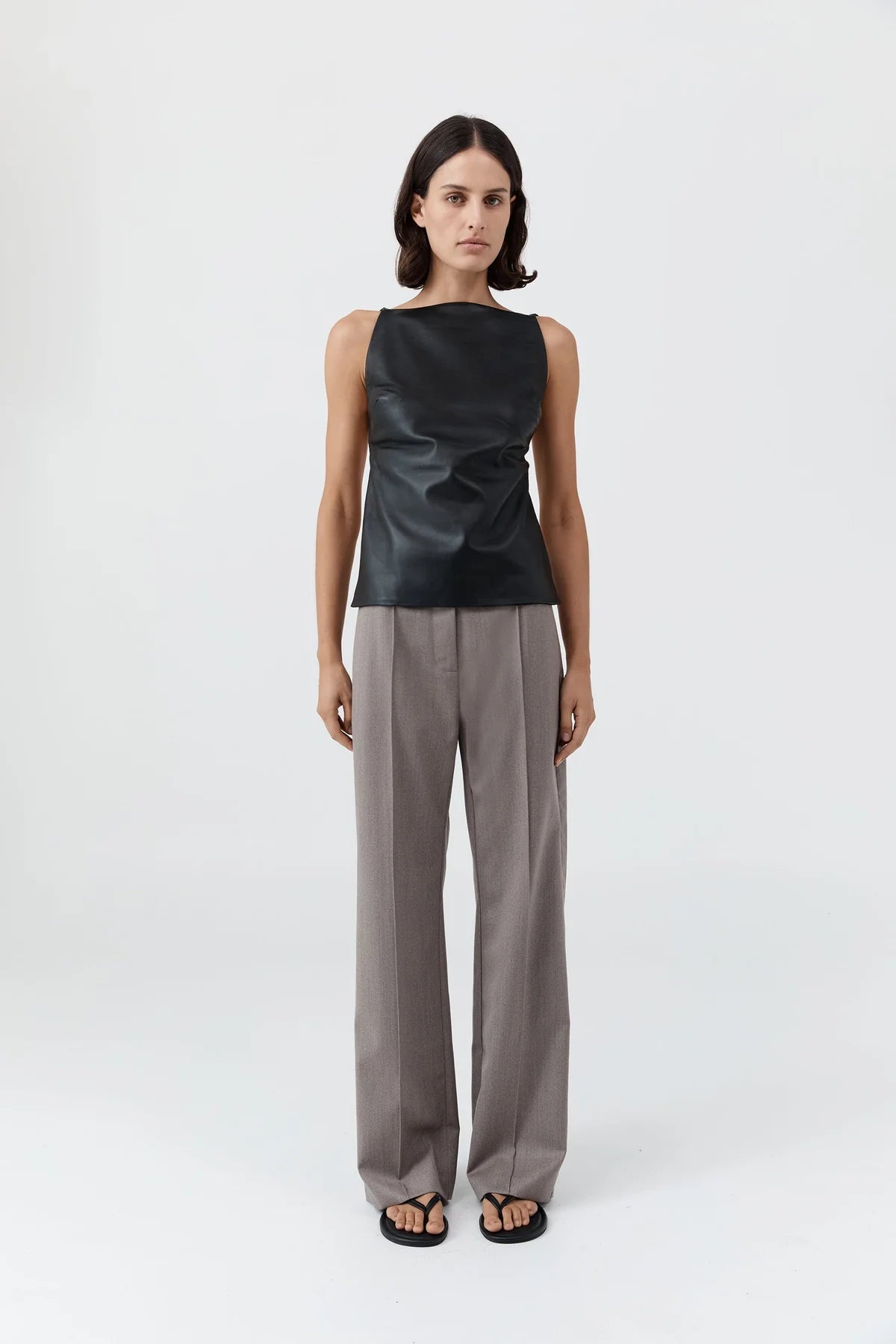 Leather Square Neck Top in Black