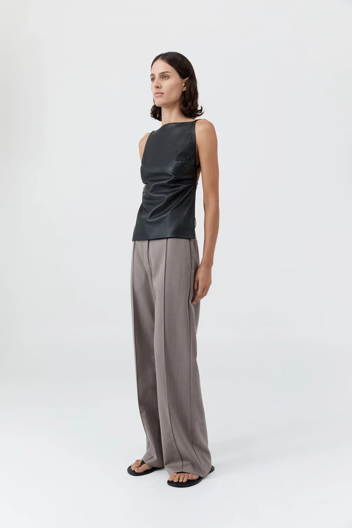 Leather Square Neck Top in Black