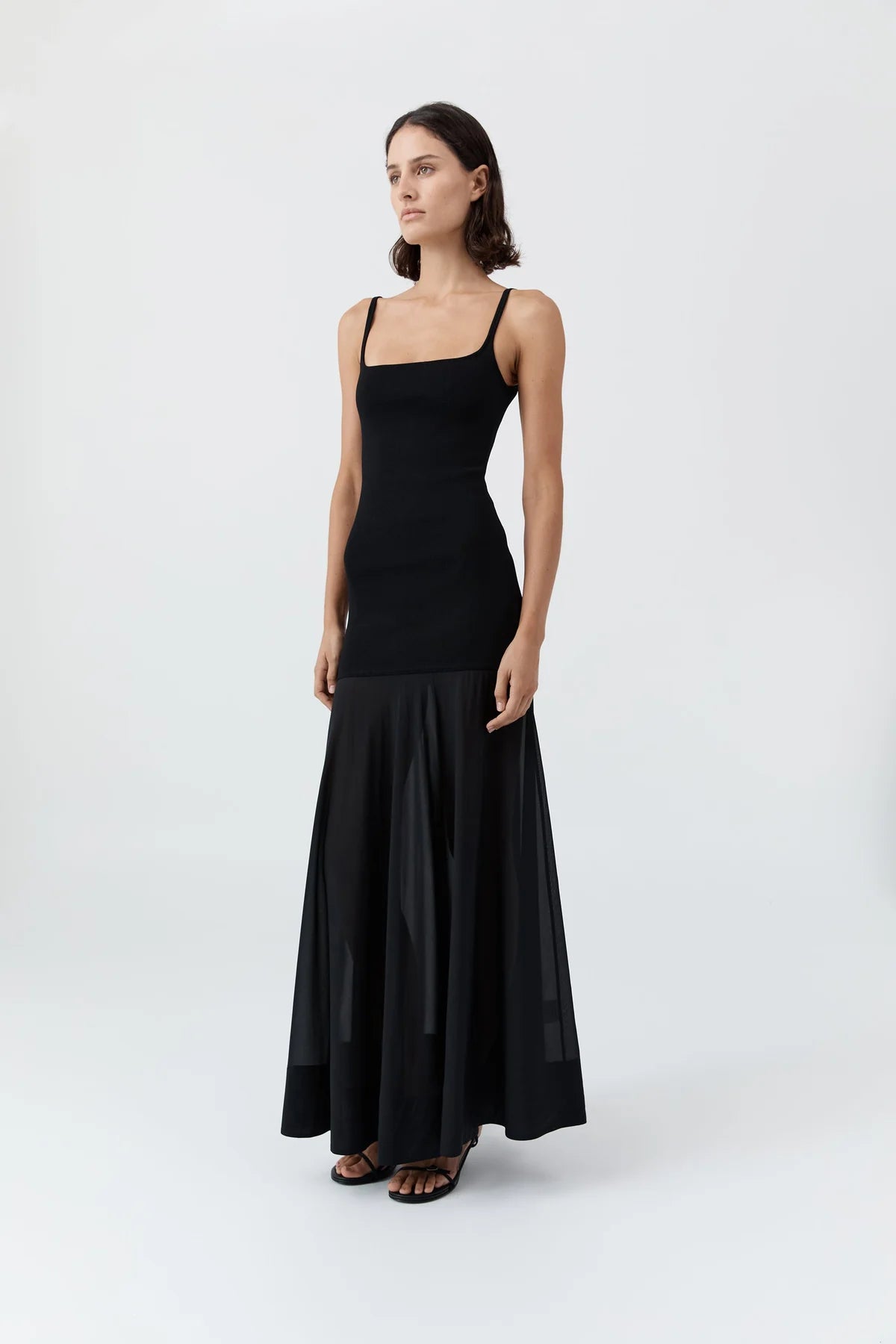 Sheer Silk Circle Hem Dress in Black