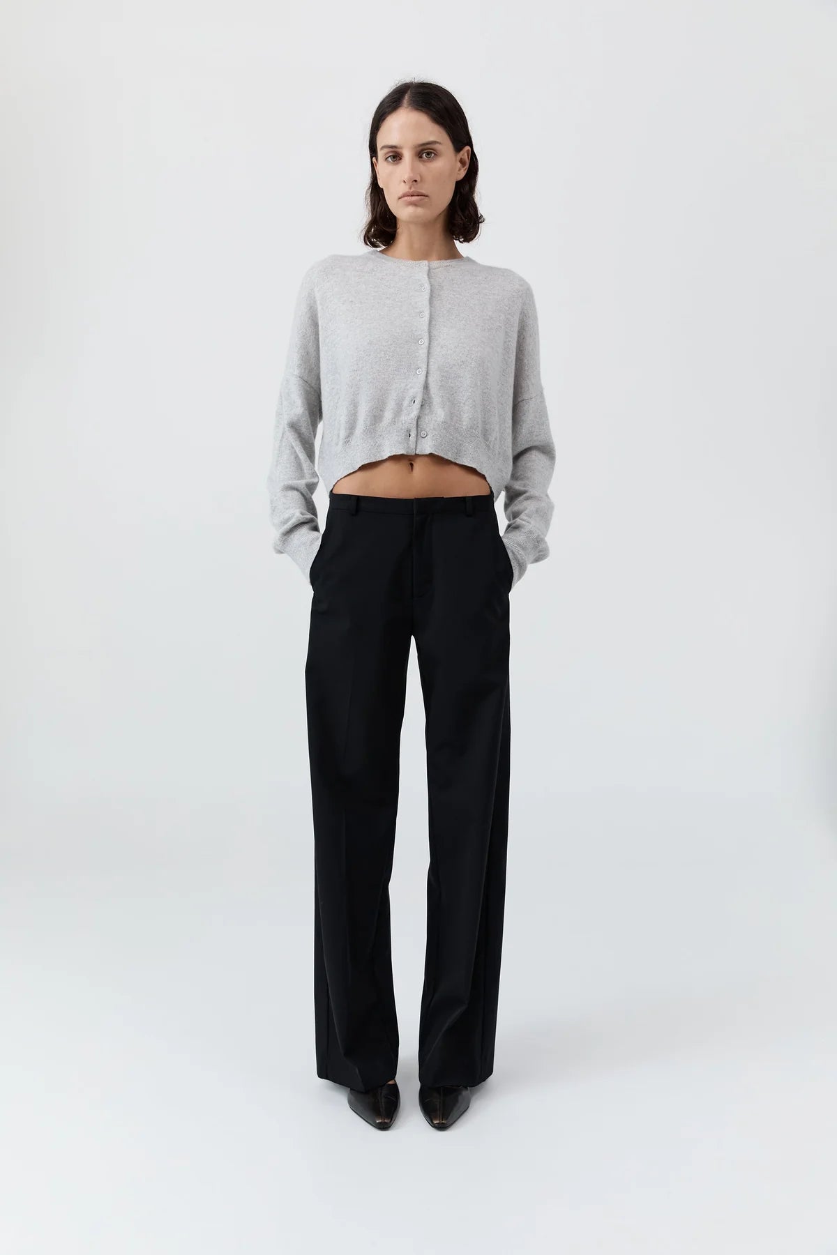 Cashmere Relaxed Cropped Cardigan in Grey Marle
