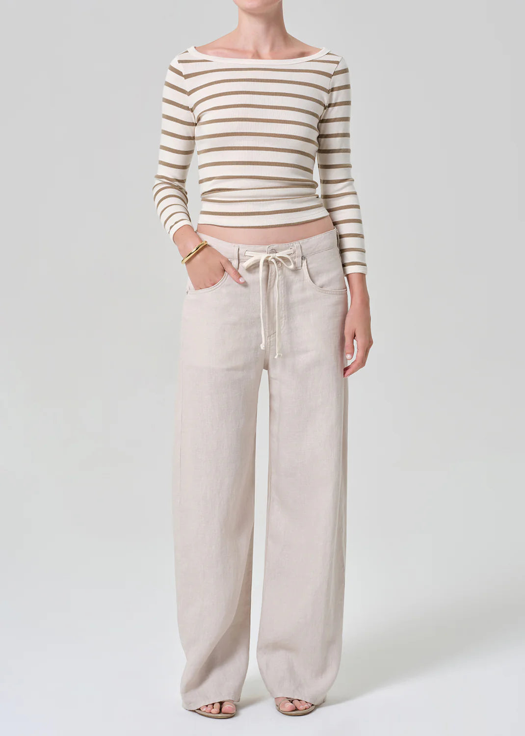 Brynn Drawstring Linen Trouser in Pale Stone