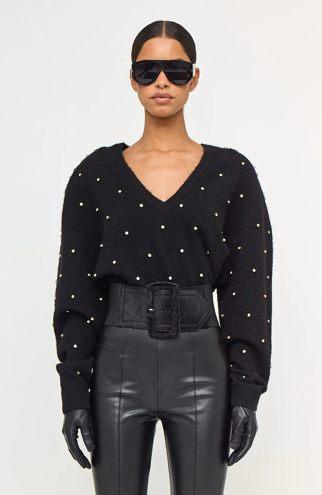 Corin Crystal Knit V-Neck in Black