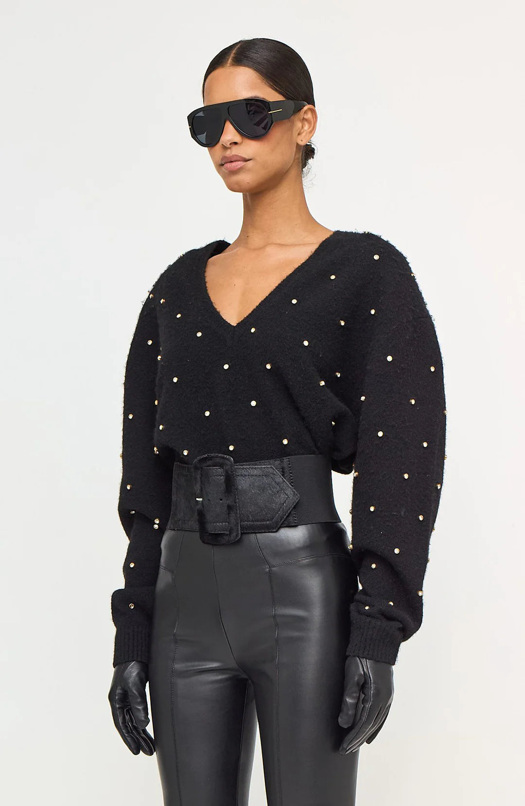 Corin Crystal Knit V-Neck in Black