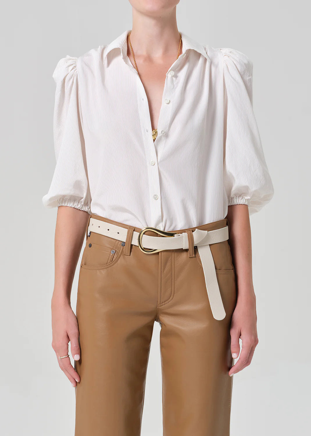 Anya Puff Sleeve Shirt with Front Pleat in Sand Microstripe