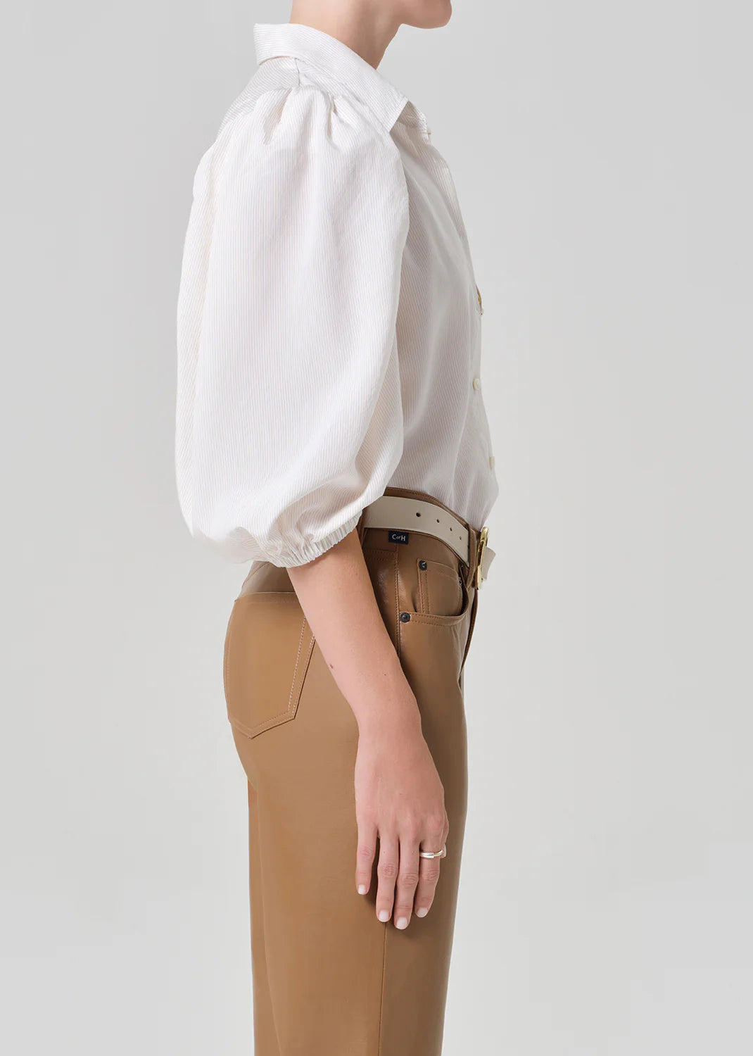Anya Puff Sleeve Shirt with Front Pleat in Sand Microstripe