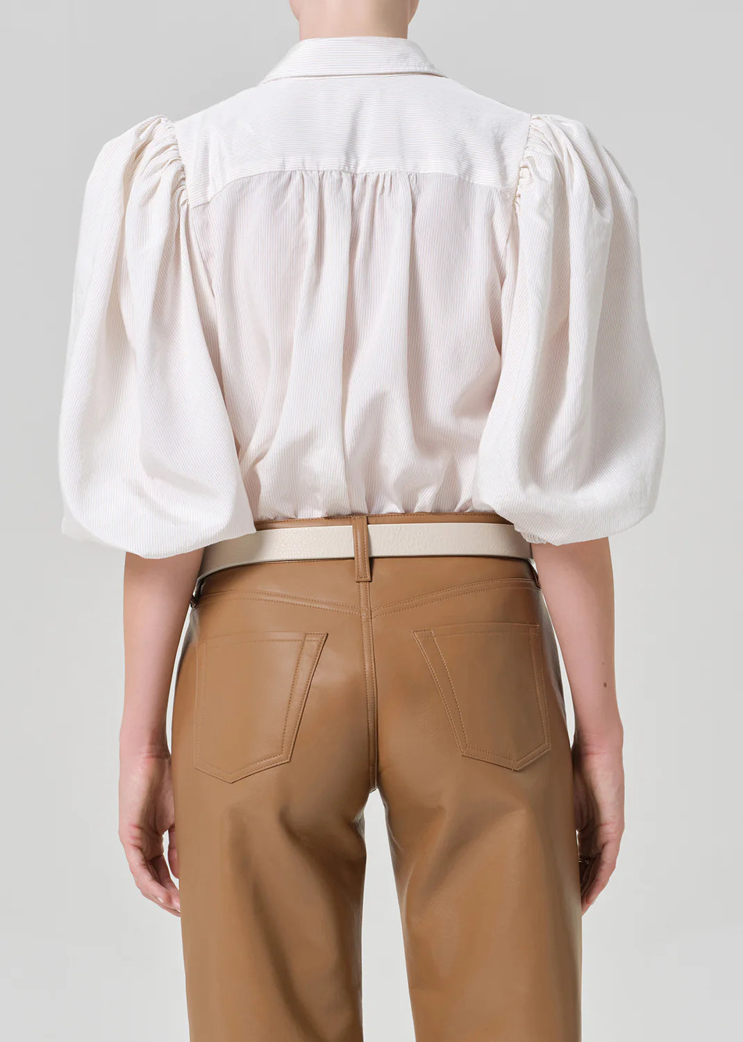 Anya Puff Sleeve Shirt with Front Pleat in Sand Microstripe