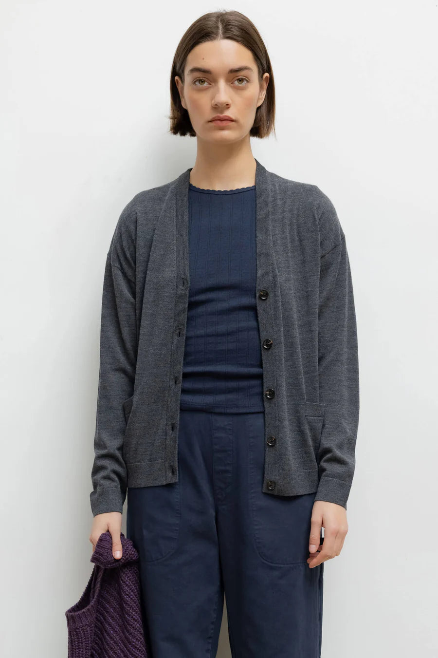 James V Neck Cardigan in Charcoal Grey