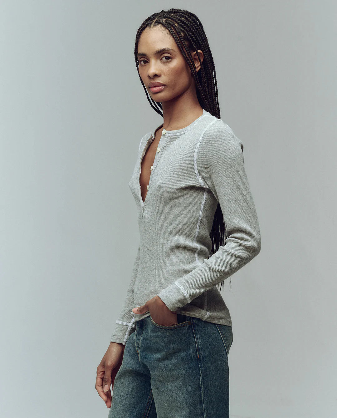 The Baby Rib Henley in Heather Grey