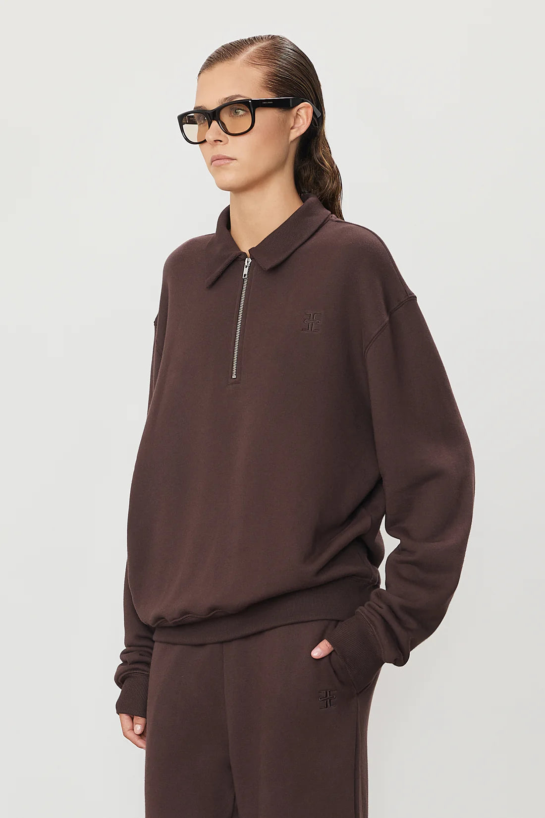 Zip-Up Polo Sweatshirt in Espresso