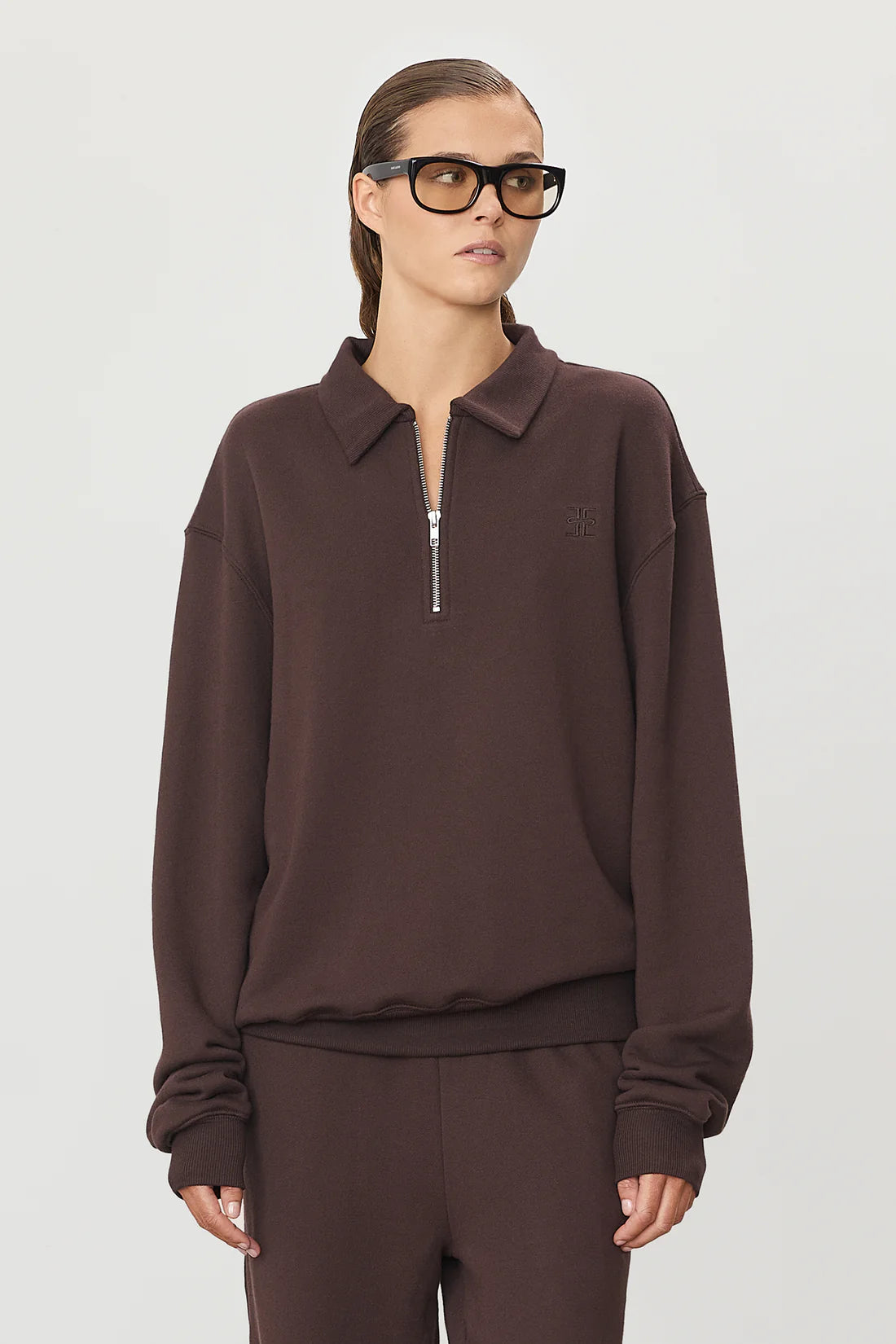 Zip-Up Polo Sweatshirt in Espresso