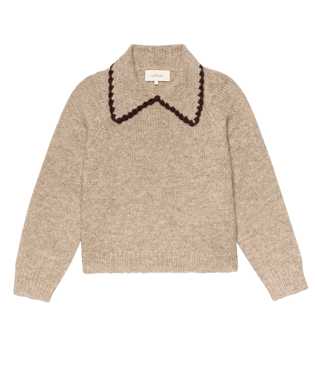 The Crochet Collar Pullover in Oat With Brown
