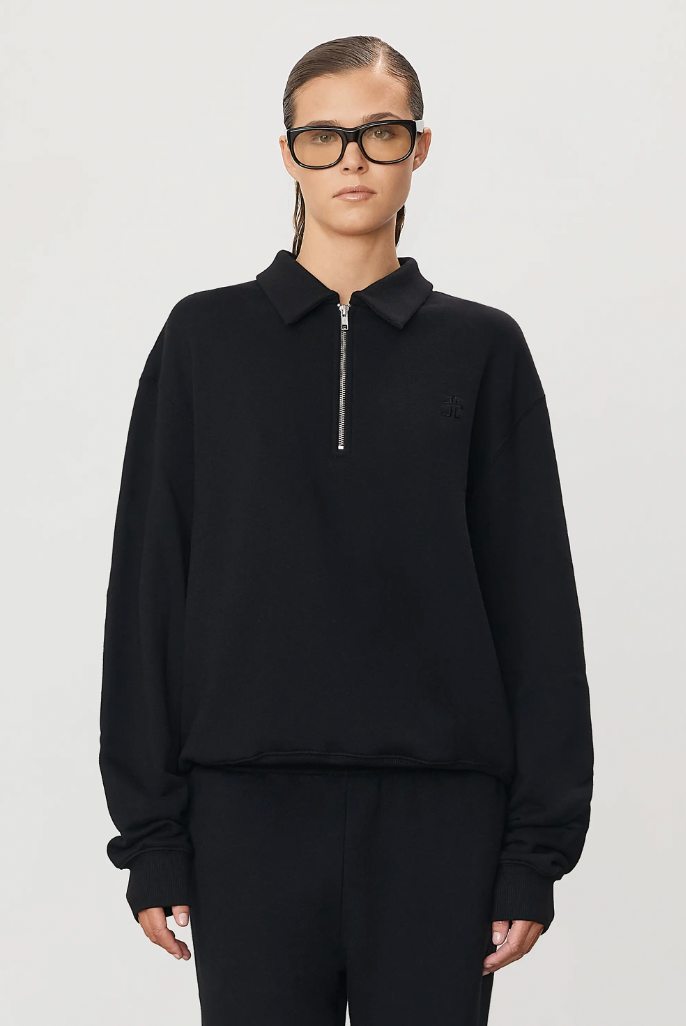 Zip-Up Polo Sweatshirt in Black