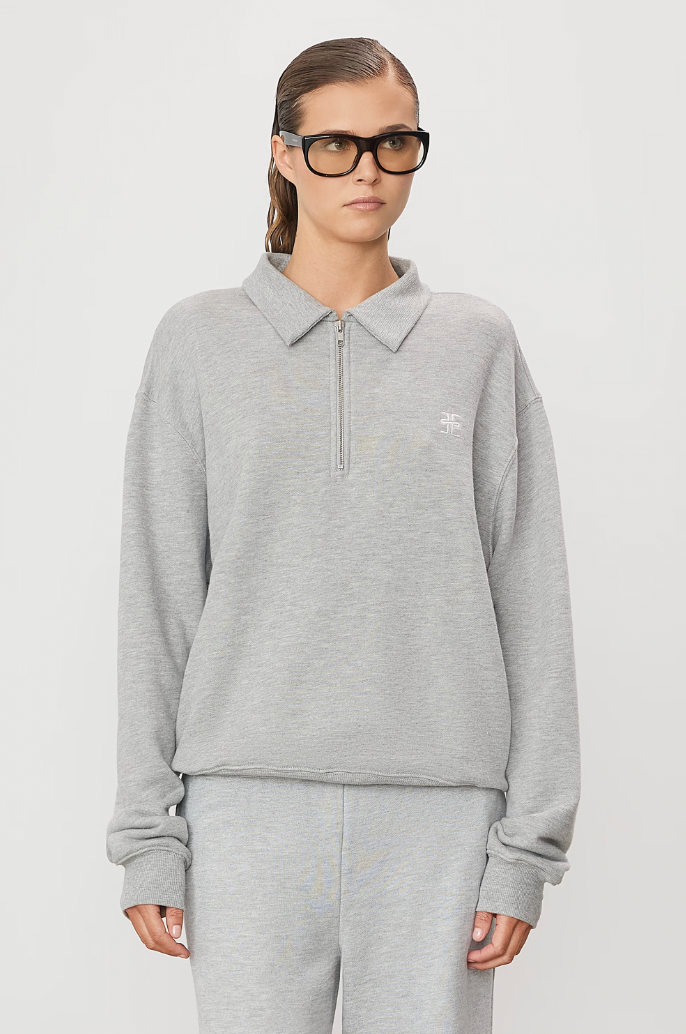 Zip-Up Polo Sweatshirt in Heather Grey