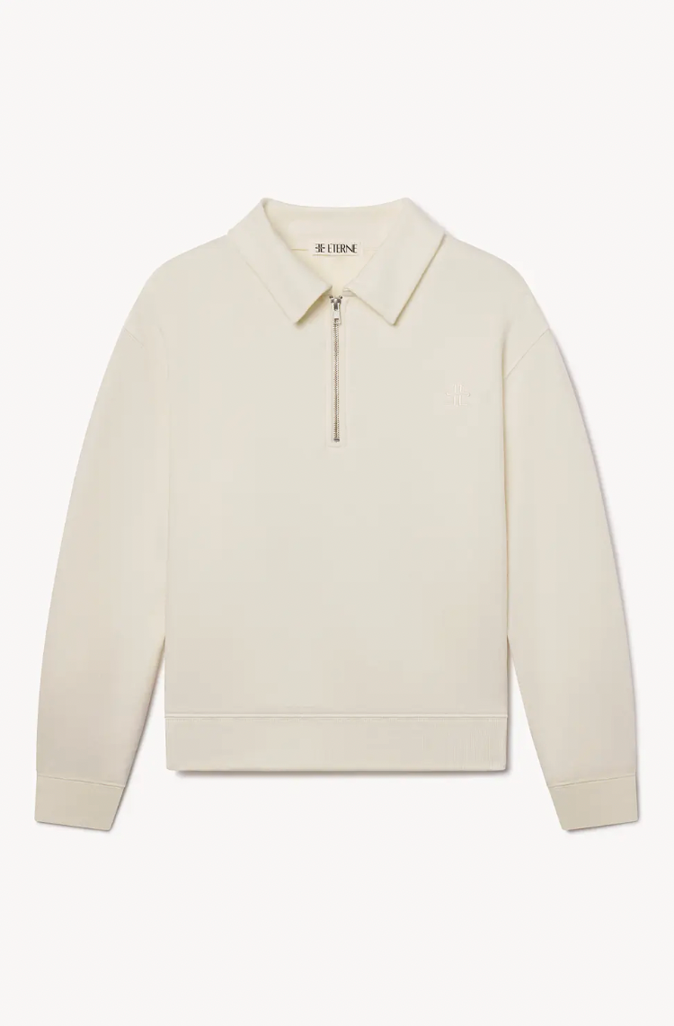 Zip-Up Polo Sweatshirt in Cream