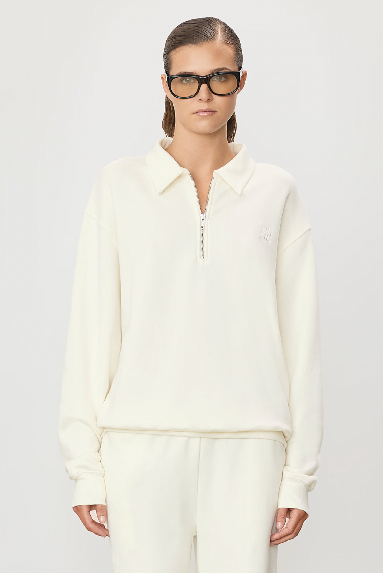 Zip-Up Polo Sweatshirt in Cream