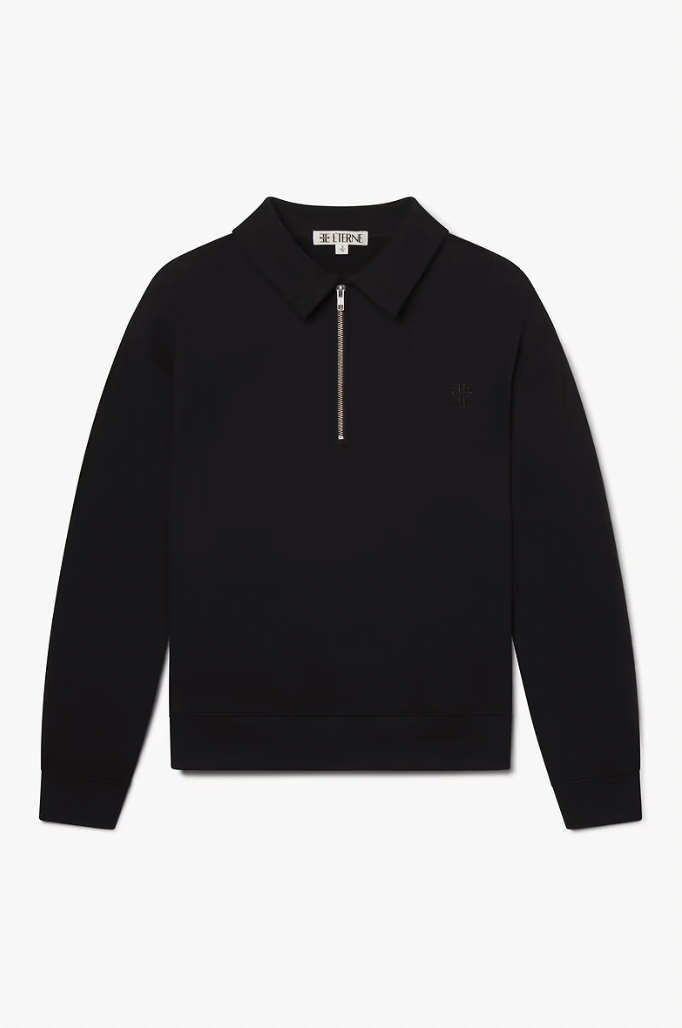 Zip-Up Polo Sweatshirt in Black