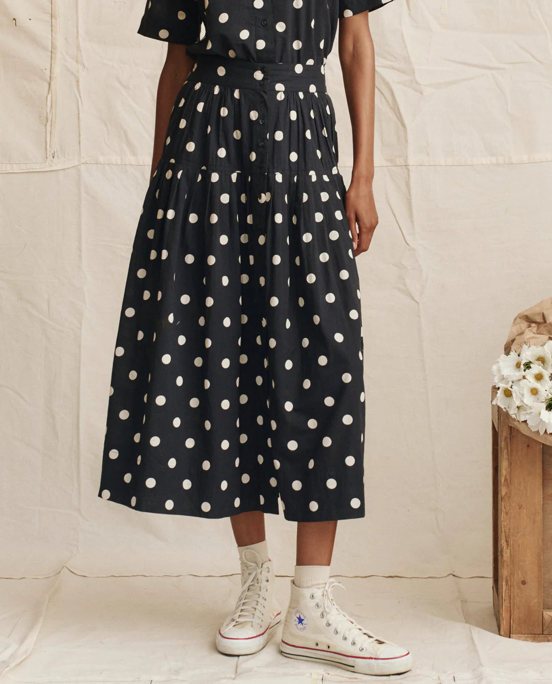 The Highland Skirt in Navy w/ Cream Polka Dots