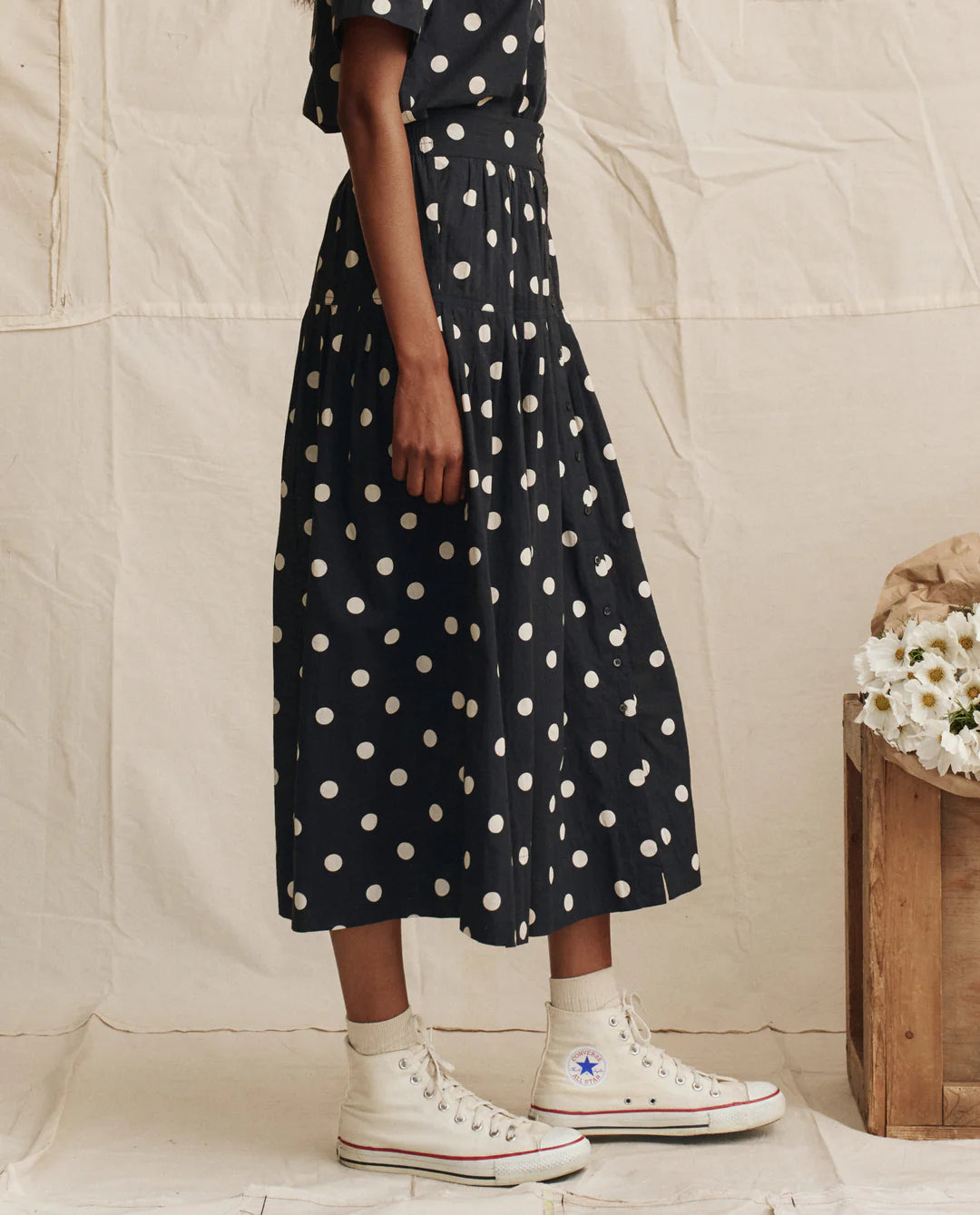 The Highland Skirt in Navy w/ Cream Polka Dots