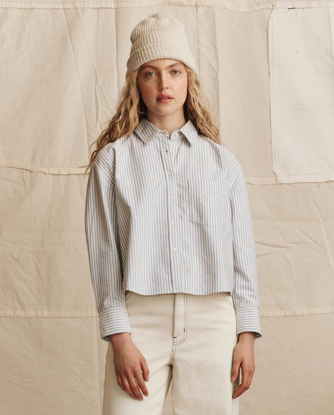 The Cropped Oxford Shirt in Soft Blue Stripe