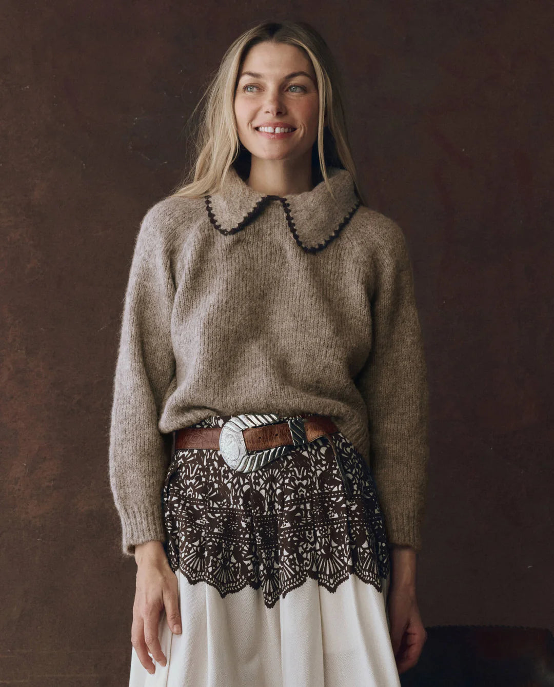 The Crochet Collar Pullover in Oat With Brown