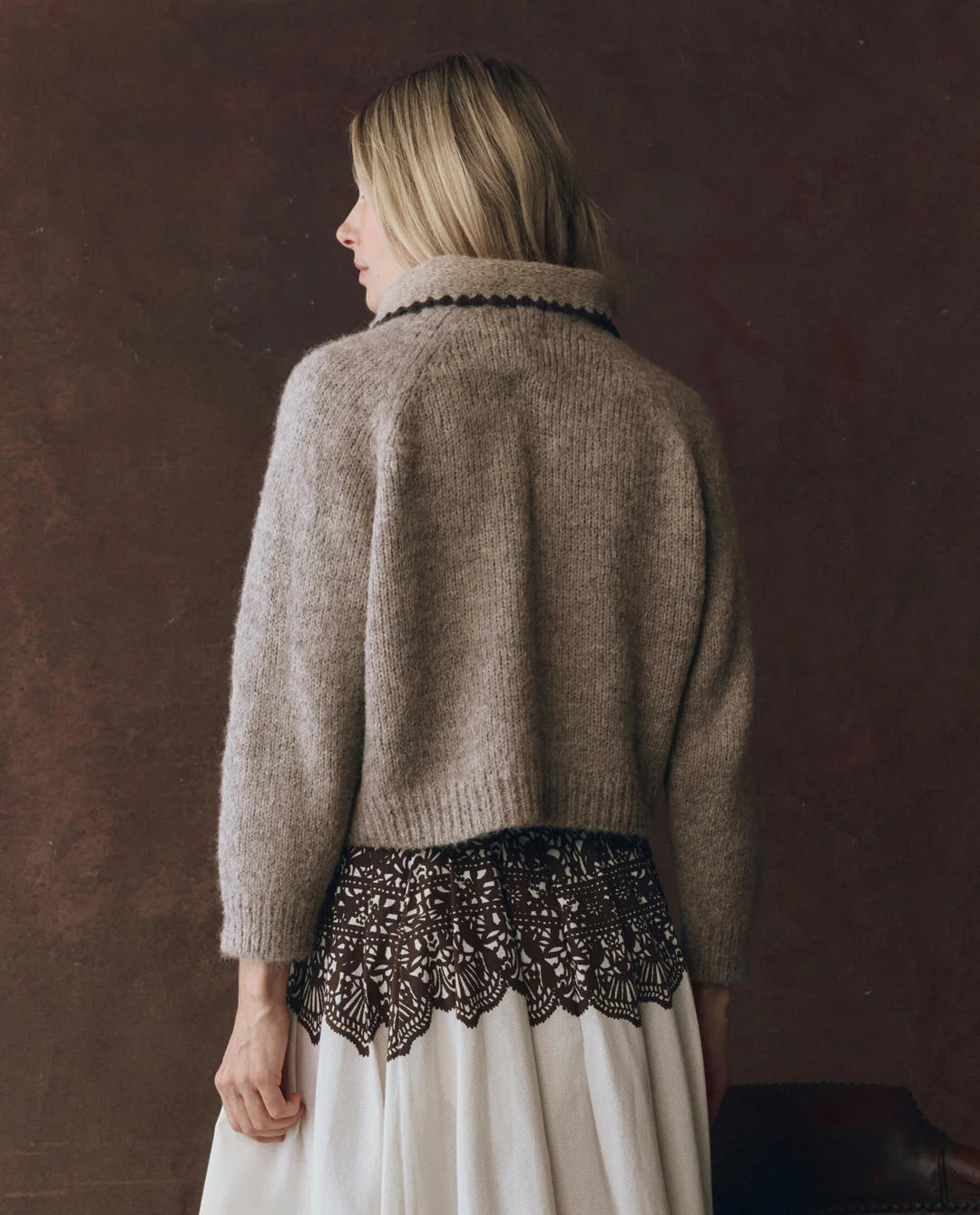 The Crochet Collar Pullover in Oat With Brown