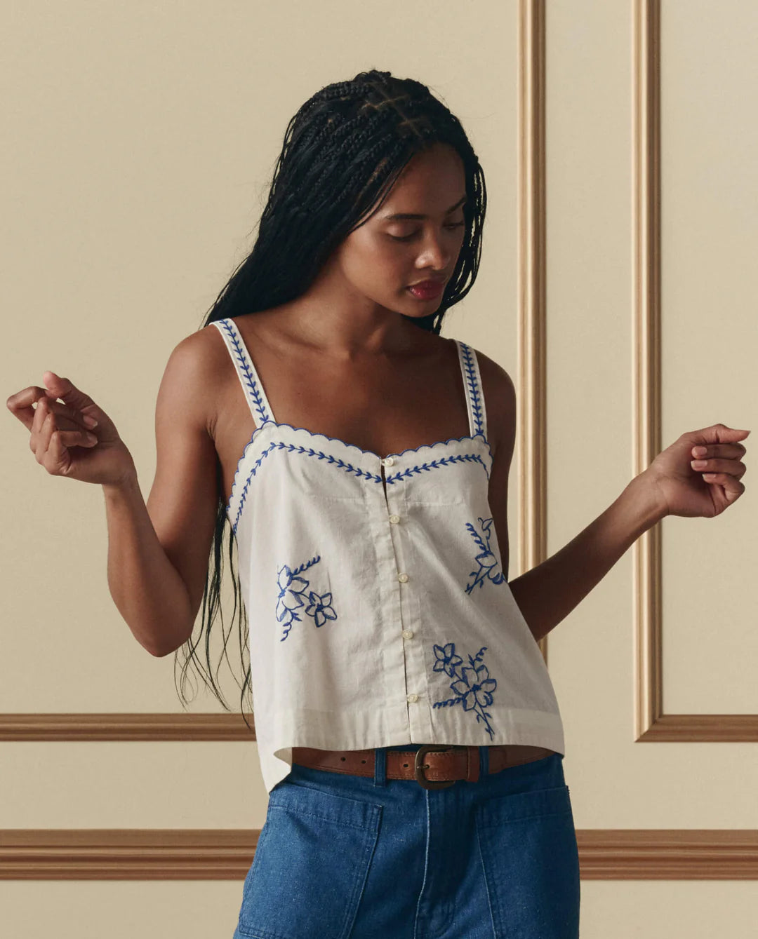 The Weekend Tank w/ Hanky Embroidery in Cream