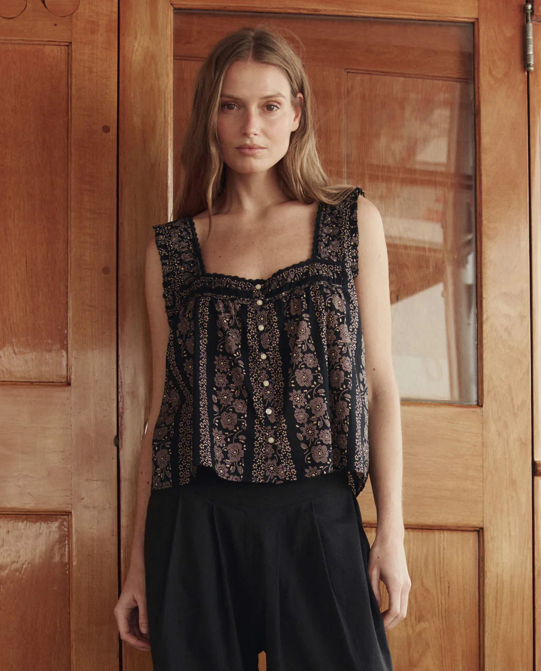 The Victorian Pleat Tank in Black & Cream Token Floral