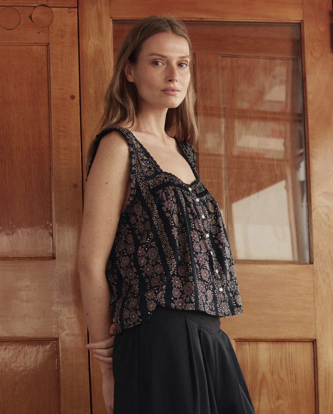 The Victorian Pleat Tank in Black & Cream Token Floral